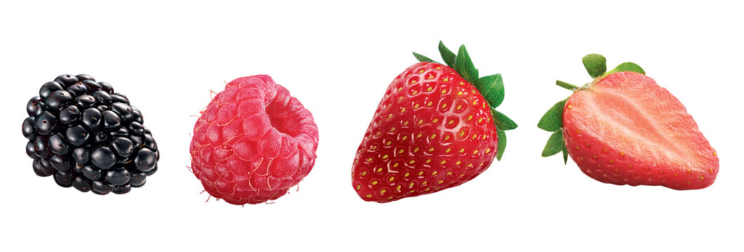 amora, framboesa, morango inteiro e morango cortado - frutas vermelhas em fundo transparente