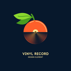 Illustration of a vinyl record and an orange. Isolated image on a dark background. Vector icon.