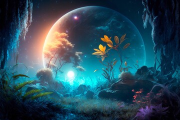 Obraz na płótnie Canvas Stunning Night extraterrestrial scene. Huge mountains against Starry sky. Fantasy landscape. Alien planet. Generative AI illustration.