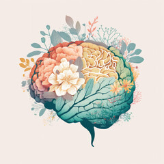 Human brain with flowers, self care and mental health, Generative AI