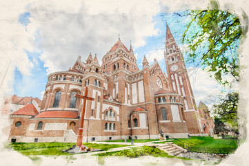Fototapeta na wymiar The Votive Church and Cathedral of Our Lady of Hungary in Szeged, Hungary in watercolor illustration style. 