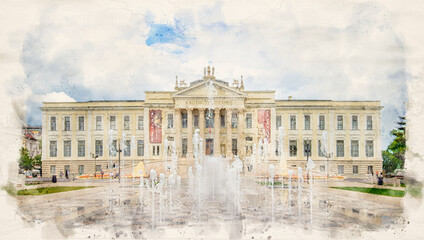 Naklejka premium Mora Ferenc Natural History and Ethnology Exhibits Museum in Szeged, Hungary in watercolor illustration style. 