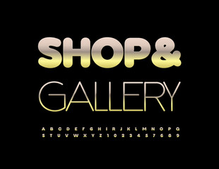 Vector business concept Shop and Gallery. Golden metal Font. Set of elite Alphabet Letters and Numbers