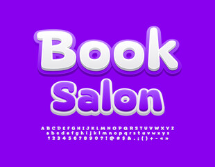 Vector creative Emblem Book Salon. White and Violet 3D Font. Bright Alphabet Letters, Numbers and Symbols.
