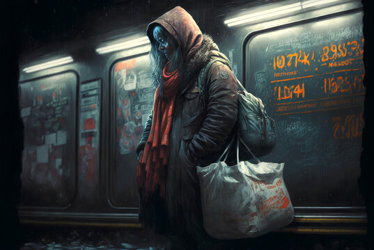 Homeless woman on an underground subway platform generative AI