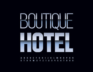 Vector chic emblem Boutique Hotel with Silver Font. Stylish set of chrome Alphabet Letters and Numbers