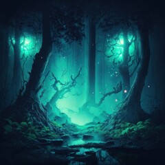 Fantasy and fairytale magical forest with purple and cyan light lighting pathway. Digital painting landscape, generative by AI
