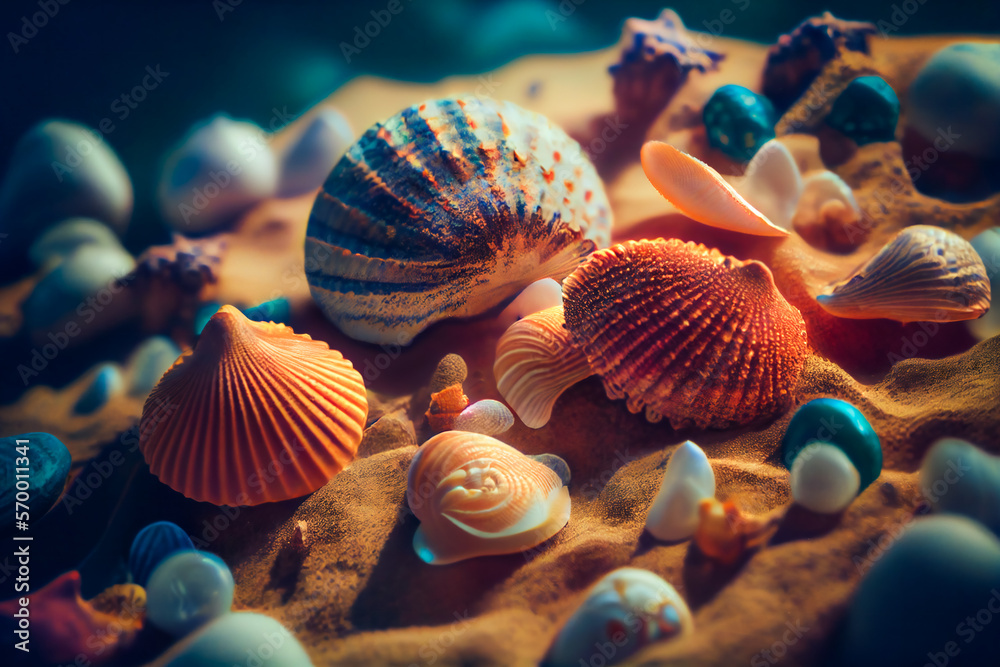 Wall mural Seashells  underwater background. Generative AI.