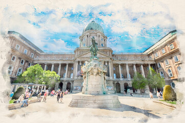 Fototapeta premium Buda Castle in Budapest, Hungary in watercolor illustration style. 