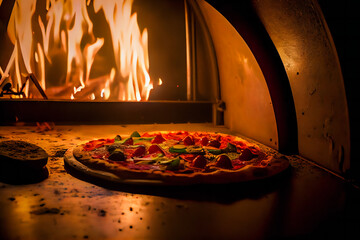 pizza in a traditional pizza oven.  Cooking Pizza.  Generative AI.