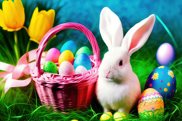 Easter eggs with bunny. Spring rabbit still life card background. Generative AI
