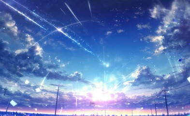 Naklejka premium Anime sky art wallpaper background. Fantasy sky with beautiful star falls, Star falls with beautiful flares, Starry night, Beautiful starry night with sky view, Digital art style, Generative AI. 