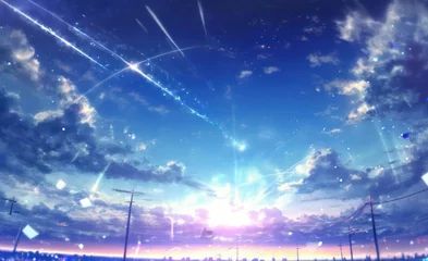 Poster Anime sky art wallpaper background. Fantasy sky with beautiful star falls, Star falls with beautiful flares, Starry night, Beautiful starry night with sky view, Digital art style, Generative AI.  © SaraY Studio 