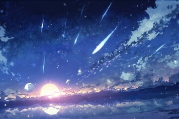 Obraz na płótnie Canvas Anime sky art wallpaper background. Fantasy sky with beautiful star falls, Star falls with beautiful flares, Starry night, Beautiful starry night with sky view, Digital art style, Generative AI. 