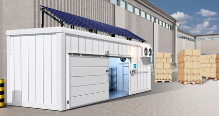 Fototapeta na wymiar Refrigeration chamber for food storage. An industrial freezer that receives energy from solar panels. Photovoltaic panels in production. 3d image