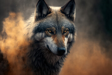 epic misty wolf in forest background,generative ai.