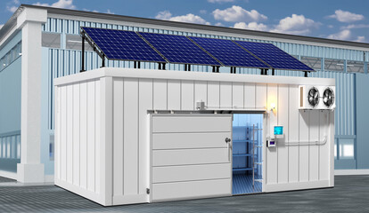 Refrigeration chamber for food storage. An industrial freezer that receives energy from solar panels. Photovoltaic panels in production. 3d image - obrazy, fototapety, plakaty