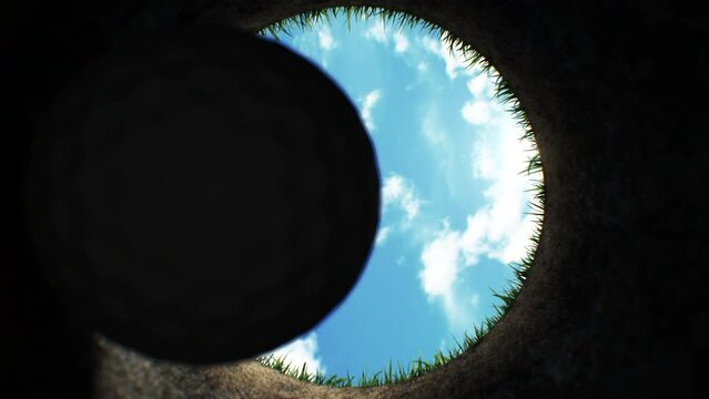 Golf Ball Falling Down into the Hole on Golf Course After Accurate Shot in Slow Motion Close-up. Putting Ball Towards Camera Inside Hole Beautiful 3d Animation. Sport Concept 4k UHD 3840x2160.