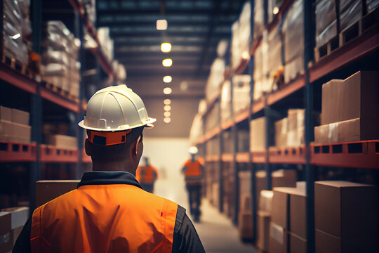 Group Of Warehouse Workers Supervisors Wearing Hardhats And Reflective Jackets Walking In Aisle Between Tall Racks With Packed Goods, Back View In Fulfillment Center. Generative Ai.