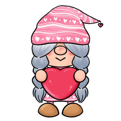 Valentine girl gnome in pink dress holding big red heart
