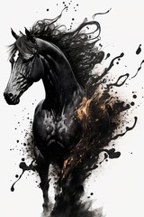 Tempera Painting of a exploding black horse in ink drops and brush strokes.