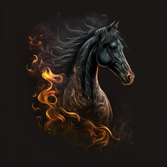 Naklejka na ściany i meble Gouache Painting of a head shot profile of a black stallion. flame horse. smoke horse.