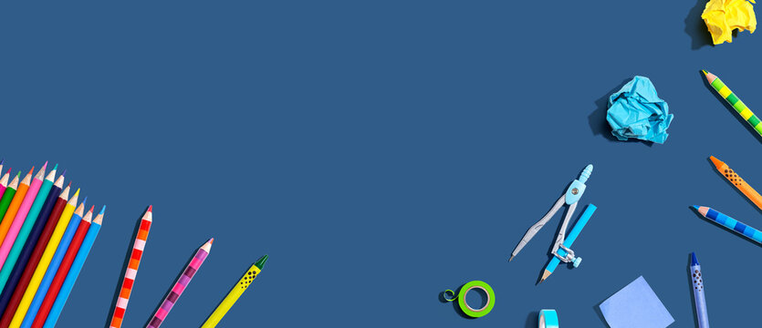 Collection of school supplies overhead view - flat lay