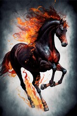 Pen and Ink Drawing of a running stallion. Galloping horse of fire. vignette background.