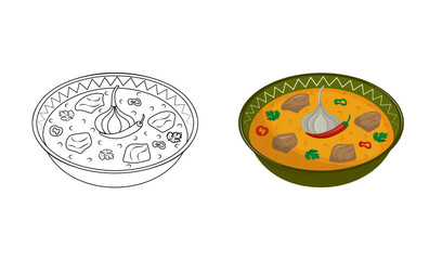 Aromatic Asian pilaf with lamb, rice and spices. 
Kids coloring book for elementary school. Traditional Asian cuisine. Vector illustration. Cartoon.