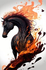 Ink Wash Painting of a flaming stallion. ink drops and brush strokes