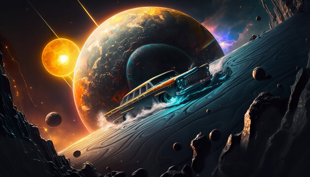 An imaginary car. An oldtimer car racing on an alien planet. An imagined concept full of colors and visual elements. Image generated by AI.