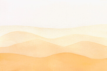 Watercolor, abstract background, hand-drawn in yellow shades. Panoramic view of mountains, hills, sand dunes, sky with horizon line. For decoration and design with space for text.