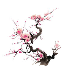 Traditional ink painting style sakura tree branches, Beautiful pink cherry blossom, spring flowers, generated ai.