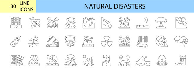 Natural disasters, pollution, related to evacuation, editable stroke icons Vector illustration