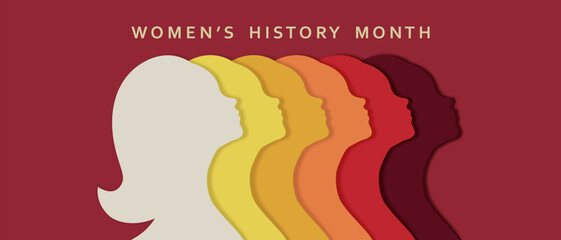 Women's History Month banner. Paper art style colorful vector illustration. Women's profile silhouettes.
