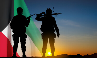 Fototapeta na wymiar Kuwait flag and the silhouettes of a soldiers on background of sunset. Concept - National, Liberation Days. EPS10 vector