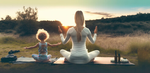 Fototapeta premium blonde woman and her child lifestyle balanced practicing meditate and zen energy yoga. Generative AI