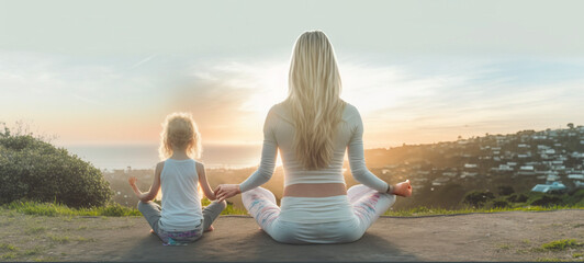 Fototapeta premium blonde woman and her child lifestyle balanced practicing meditate and zen energy yoga. Generative AI