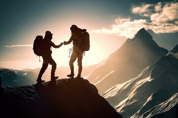 Fototapeta premium silhouette of mountaineer holding her friend's hand. Generative AI