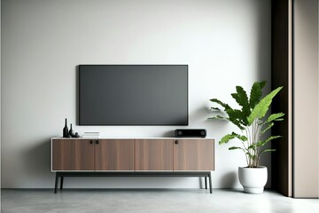 Modern interior with cabinet for tv on white color wall.Generative AI