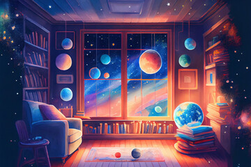 Fantasy astronomer room, astronomer kids room interior, generative ai