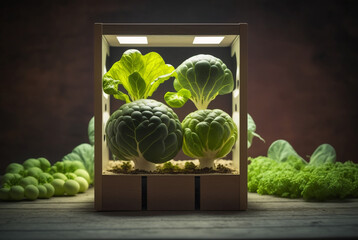 Lettuce in small cups or bowls with minimal soil as hydroponics, modern farming and planting plants. Generative AI