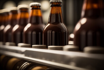 filled beer bottles, production and manufacturing on conveyor belt in bottling line. Generative AI