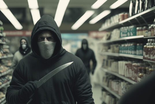 armed robbery or shoplifting with a knife, fictitious person and supermarket. Generative AI