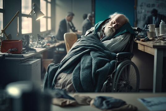 an old man working in an office, powerless and tired asleep in his wheel chair, covered with a thin blanket. Generative AI