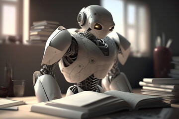 a white robot with artificial intelligence reading books on a table,generated by IA