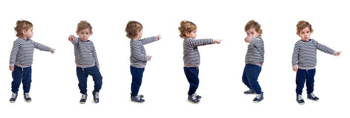 group of same baby boy various poses pointing on white background