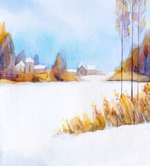Watercolor painting. Rural winter landscape