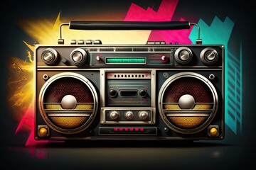 Illustration of a boombox on a graphical background. Portable stereo. 80s music. Urban style party, generative by AI