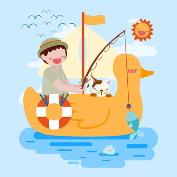cute boy fishing on duck shaped rubber raft  cartoon vector